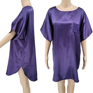 Sleep Solutions 90s Purple Satin Nightgown Short Sleeve Crochet Lace Pocket